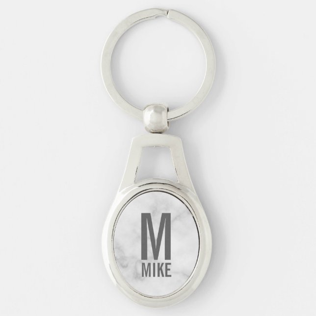 White Marble Personalised Monogram and Name  Key Ring (Front)