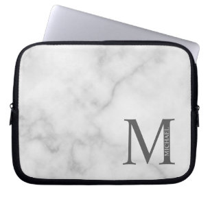 White Marble Personalised Monogram and Name Laptop Sleeve