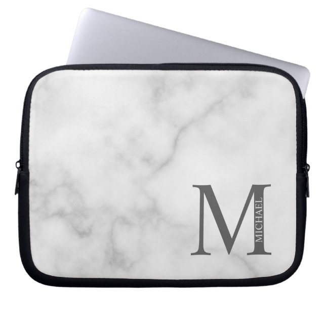 White Marble Personalised Monogram and Name Laptop Sleeve (Front)