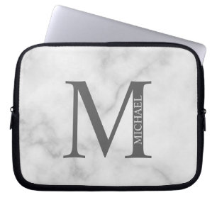 White Marble Personalised Monogram and Name Laptop Sleeve