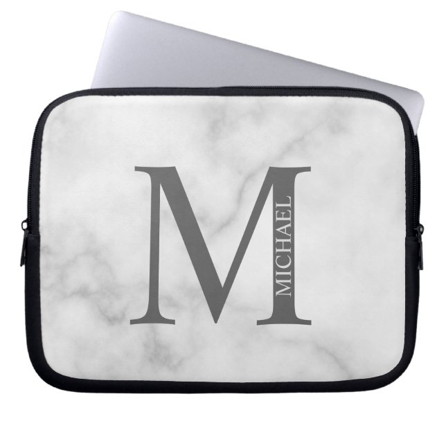 White Marble Personalised Monogram and Name Laptop Sleeve (Front)