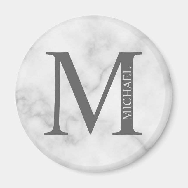 White Marble Personalised Monogram and Name Magnet (Front)