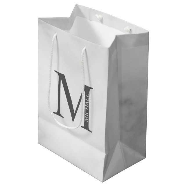 White Marble Personalised Monogram and Name Medium Gift Bag (Front Angled)