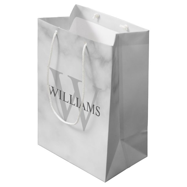 White Marble Personalised Monogram and Name Medium Gift Bag (Front Angled)