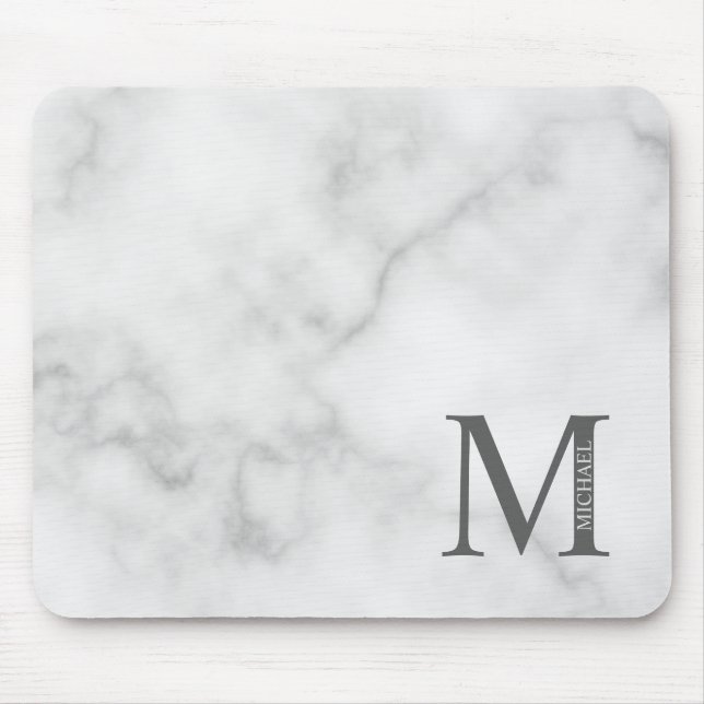 White Marble Personalised Monogram and Name Mouse Pad (Front)
