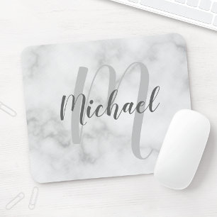 White Marble Personalised Monogram and Name Mouse Pad