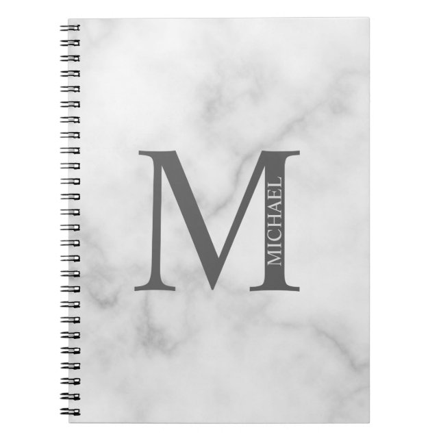 White Marble Personalised Monogram and Name Notebook (Front)