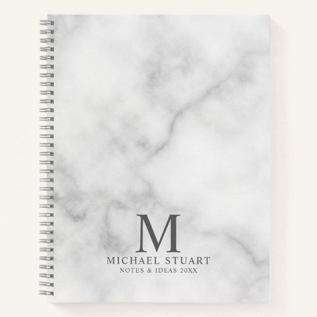 White Marble Personalised Monogram and Name Notebook (Front)