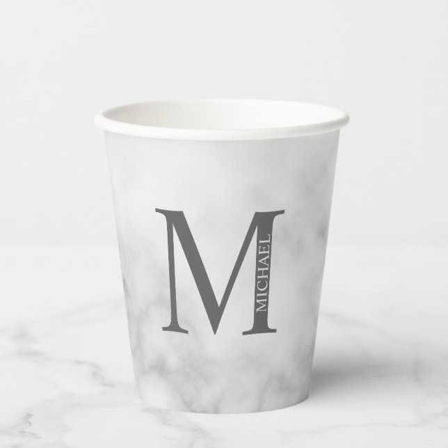 White Marble Personalised Monogram and Name Paper Cups (Front)