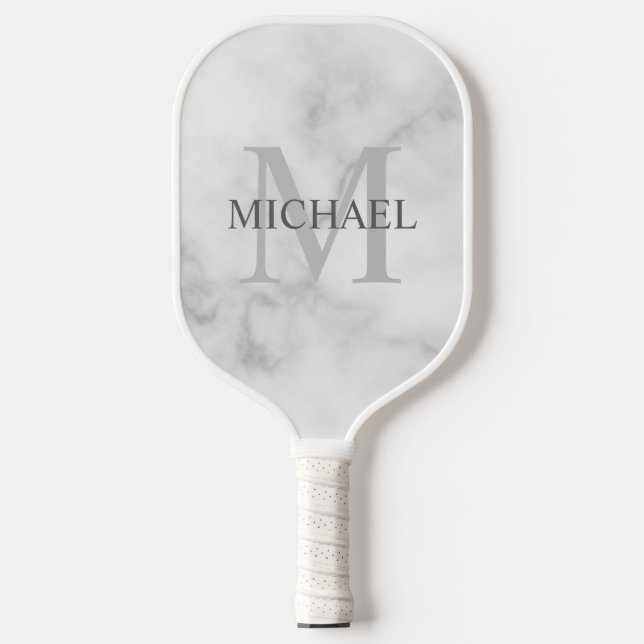 White Marble Personalised Monogram and Name Pickleball Paddle (Front)