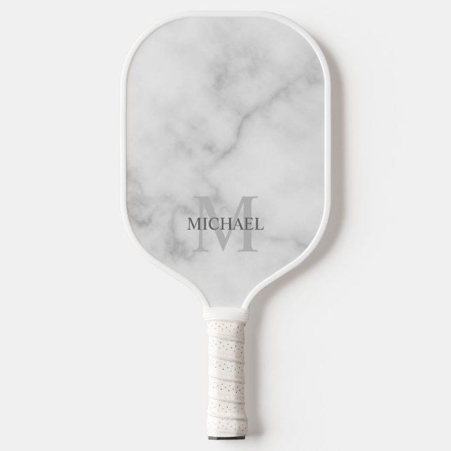 White Marble Personalised Monogram and Name Pickleball Paddle (Front)