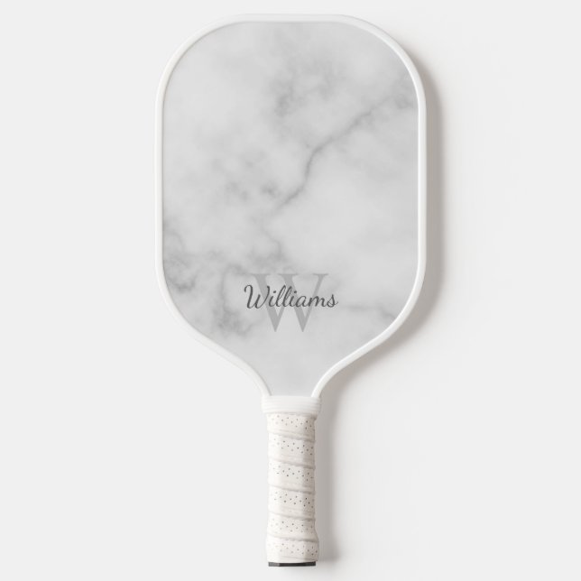 White Marble Personalised Monogram and Name Pickleball Paddle (Front)