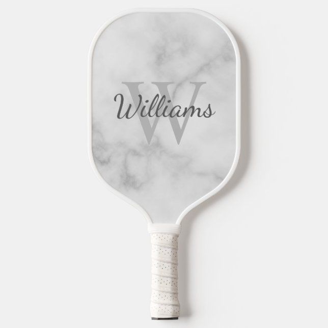 White Marble Personalised Monogram and Name Pickleball Paddle (Front)