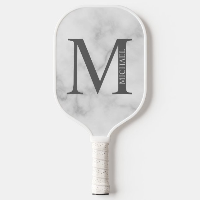 White Marble Personalised Monogram and Name Pickleball Paddle (Front)