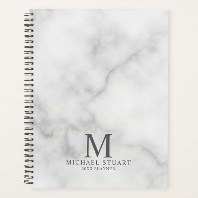 White Marble Personalised Monogram and Name Planner (Front)