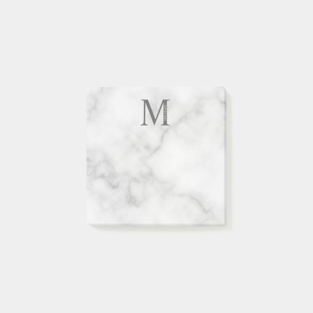 White Marble Personalised Monogram and Name Post-it Notes (Front)