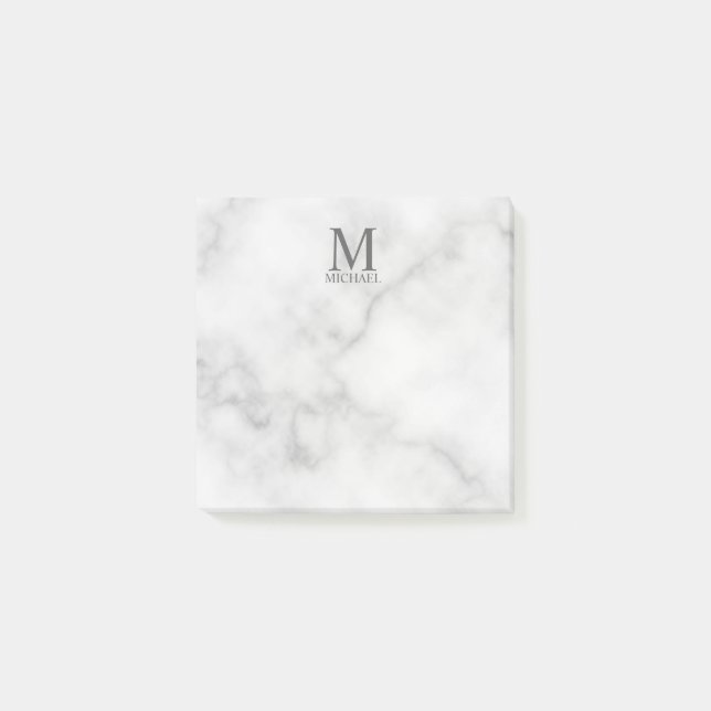White Marble Personalised Monogram and Name Post-it Notes (Front)