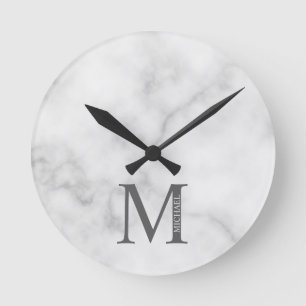 White Marble Personalised Monogram and Name Round Clock