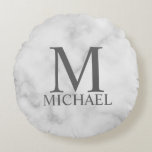 White Marble Personalised Monogram and Name Round Cushion<br><div class="desc">Personalised Monogram and Name Gift
features personalised monogram and name in grey classic serif font style on white marble background.

Perfect as holiday gift,  family reunion favours,  housewarming gift,  wedding gift and gift for any special occasions.</div>