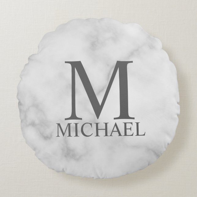 White Marble Personalised Monogram and Name Round Cushion (Front)