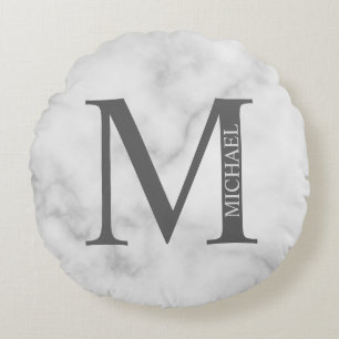 White Marble Personalised Monogram and Name Round Cushion