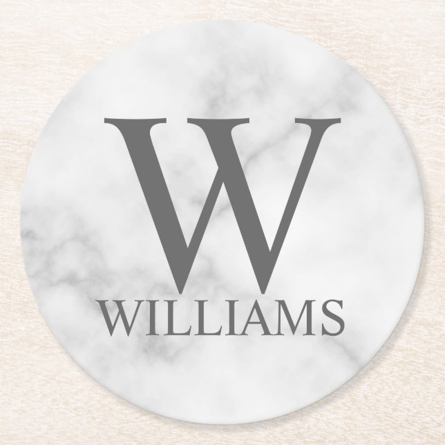 White Marble Personalised Monogram and Name Round Paper Coaster (Front)