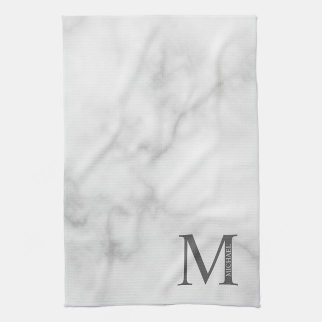 White Marble Personalised Monogram and Name Tea Towel (Vertical)