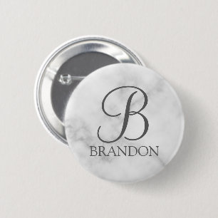 White Marble Personalised Script Monogram and Name 6 Cm Round Badge
