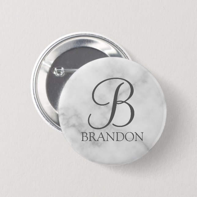 White Marble Personalised Script Monogram and Name 6 Cm Round Badge (Front & Back)
