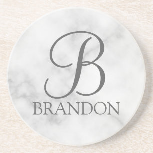 White Marble Personalised Script Monogram and Name Coaster