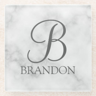 White Marble Personalised Script Monogram and Name Glass Coaster