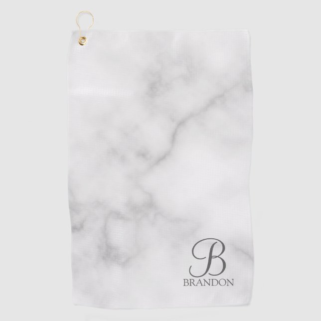 White Marble Personalised Script Monogram and Name Golf Towel (Front)