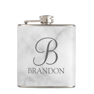 White Marble Personalised Script Monogram and Name Hip Flask