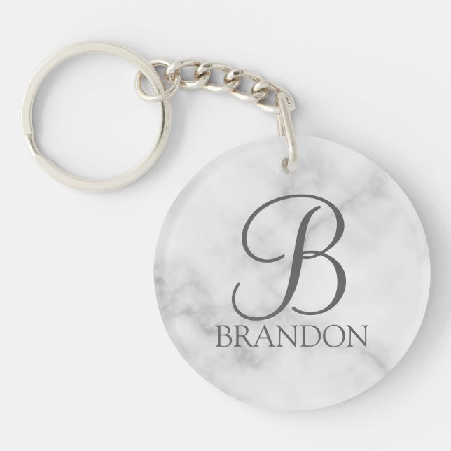 White Marble Personalised Script Monogram and Name Key Ring (Front)