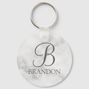 White Marble Personalised Script Monogram and Name Key Ring