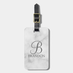 White Marble Personalised Script Monogram and Name Luggage Tag