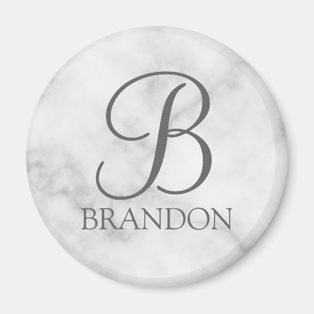 White Marble Personalised Script Monogram and Name Magnet (Front)