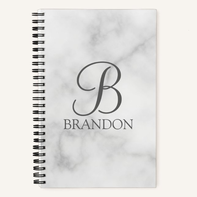 White Marble Personalised Script Monogram and Name Notebook (Front)