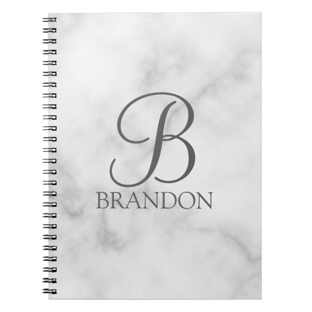 White Marble Personalised Script Monogram and Name Notebook (Front)