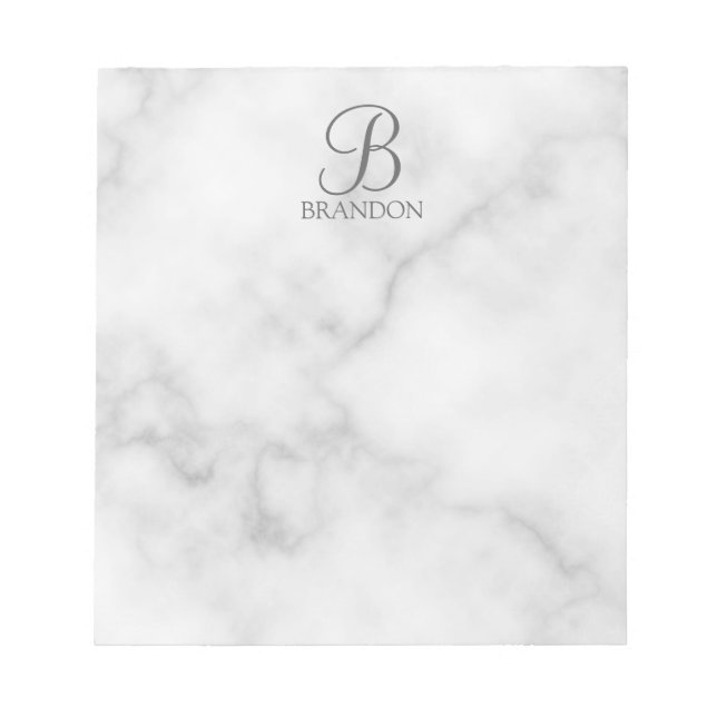 White Marble Personalised Script Monogram and Name Notepad (Front)