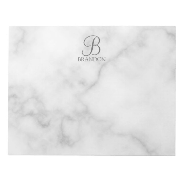 White Marble Personalised Script Monogram and Name Notepad (Front)