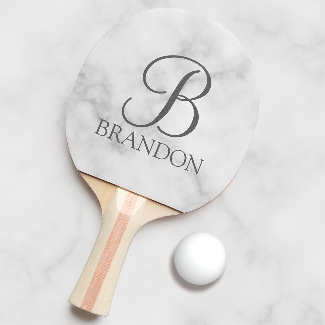 White Marble Personalised Script Monogram and Name Ping Pong Paddle (Creator Uploaded)