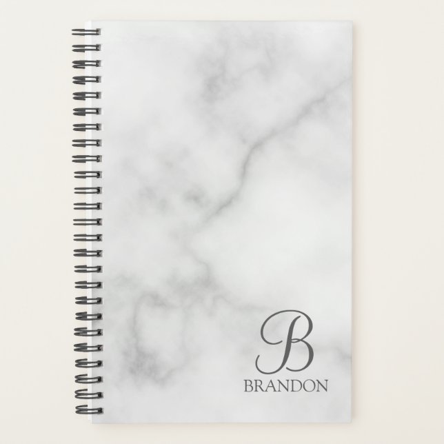 White Marble Personalised Script Monogram and Name Planner (Front)