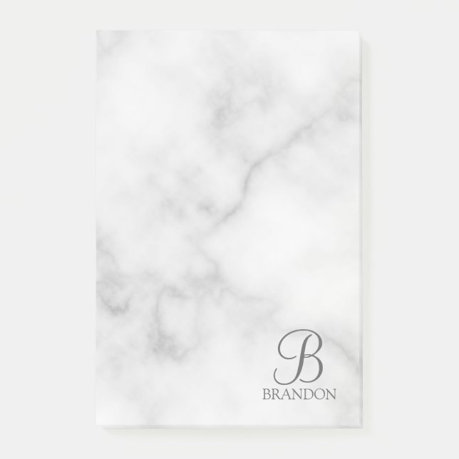 White Marble Personalised Script Monogram and Name Post-it Notes (Front)