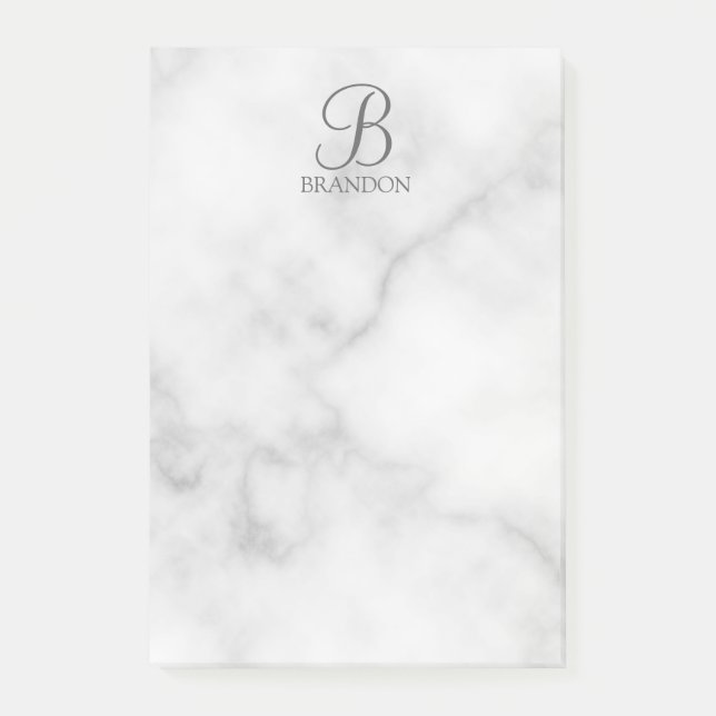 White Marble Personalised Script Monogram and Name Post-it Notes (Front)
