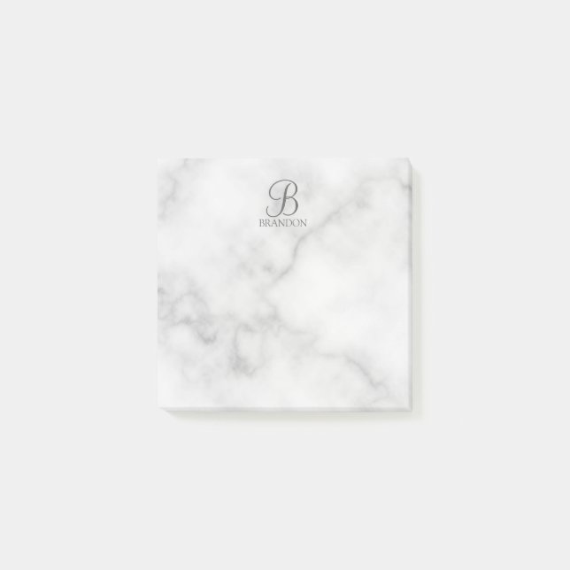 White Marble Personalised Script Monogram and Name Post-it Notes (Front)