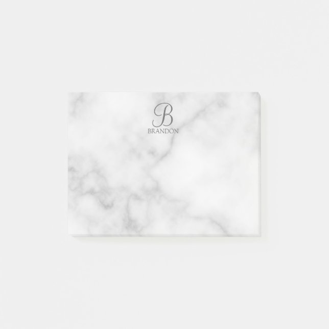 White Marble Personalised Script Monogram and Name Post-it Notes (Front)