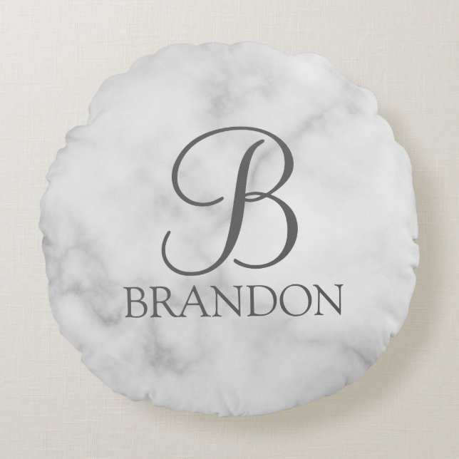 White Marble Personalised Script Monogram and Name Round Cushion (Front)