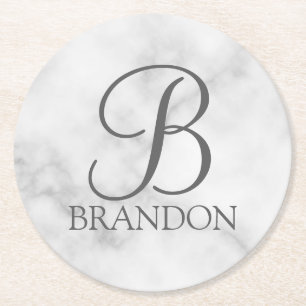 White Marble Personalised Script Monogram and Name Round Paper Coaster