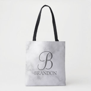 White Marble Personalised Script Monogram and Name Tote Bag